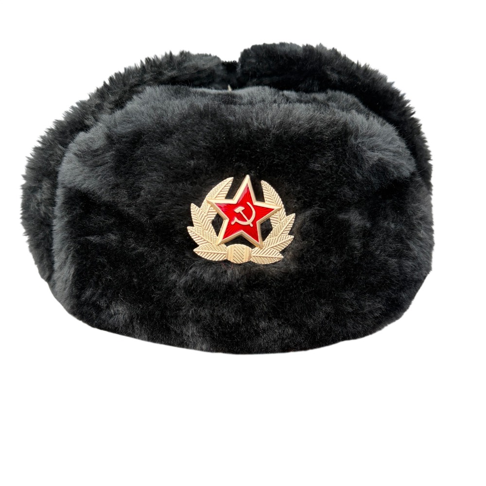Black Faux Fur Ushanka Russian Style Hat with Soviet Red Star Emblem Ear Flaps